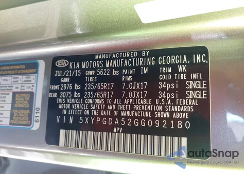 2016 Kia Sorento 3.3L Lx from USA, damaged, VIN 5XYPGDA52GG092180